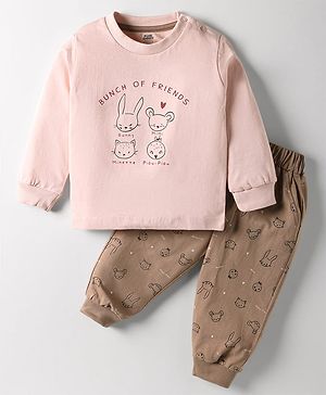 Pink Rabbit Single Jersey Knit Full Sleeves T-shirt & Lounge Pant Set with Bunch of Animal Friends Print - Peach & Brown