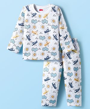 Babyhug Quilted Knit Full Sleeves Winter Wear Co-ords Night Suit With Vehicle Print - White