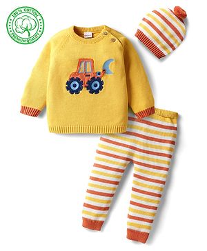 Babyhug Organic Cotton Knit Full Sleeves Vehicles Embroidered Pullover Sweater Set With Stripes & Cap - Mustard