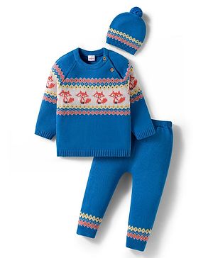 Babyhug Organic Cotton Knitted Full Raglan Sleeves Sweater Set With Fox Design & Cap - Blue