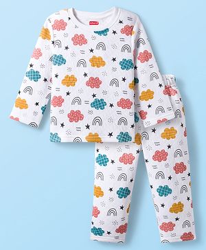 Babyhug Quilted Knit Full Sleeves Winter Wear Co-Ords Night Suit With Cloud Print - White