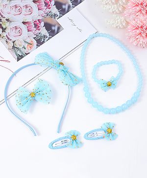 Pine Kids Hair Accessories Combo Set With Bow Applique Free Size Pack of 6 - Aqua Blue