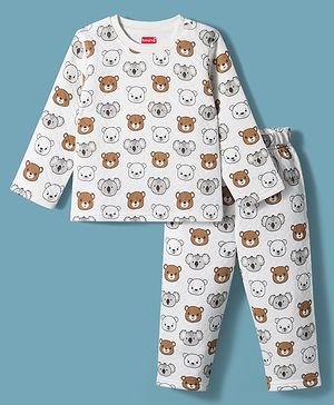 Babyhug Quilted Knit Full Sleeves Winter Wear Co-ords Night Suit With Bear Print - White