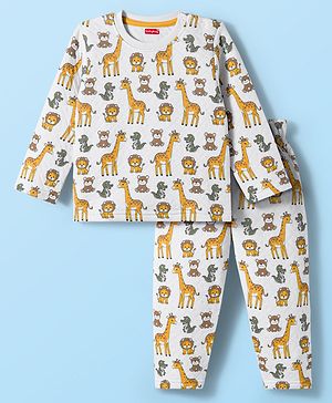 Babyhug Quilted Knit Full Sleeves Winter Wear Co-Ords Night Suit With Animal Print - White