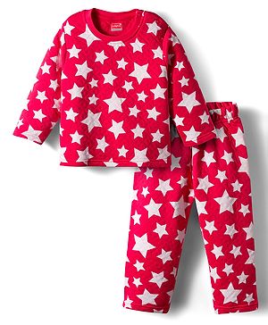 Babyhug Quilted Knit Full Sleeves Co-Ord Winter Night Suit With Star Print - Red