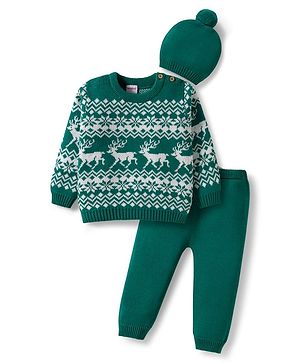 Babyhug Organic Cotton Knitted Full Sleeves Sweater Set With Deer Design & Cap - Green