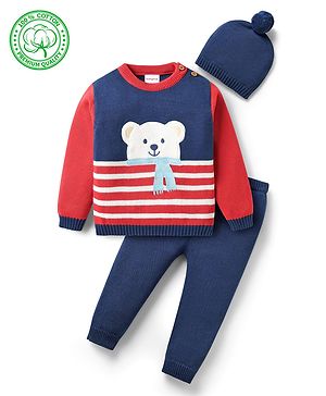 Babyhug Organic Cotton Knit Full Sleeves Sweater Sets with Cap & Panda Design - Red & Navy Blue