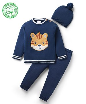 Babyhug Organic Cotton Knit Full Sleeves Sweater Sets with Cap & Tiger Design - Navy Blue