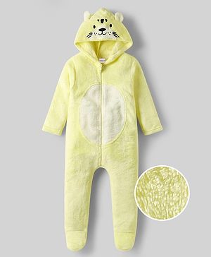Babyhug Woven Full Sleeves Footed Winter Romper With Animal Ear Applique - Yellow