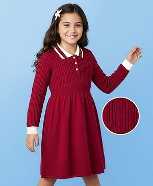 Pine Kids Knit Full Sleeves Collared Woollen Dress with Cable Knit Design - Dark Red