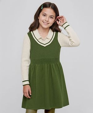 Pine Kids Knitted Full Sleeves Solid Woollen Dress - Olive Green