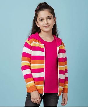 Pine Kids Knit Full Sleeves Hooded Front Open Sweater with Vest & Stripes - Multicolor