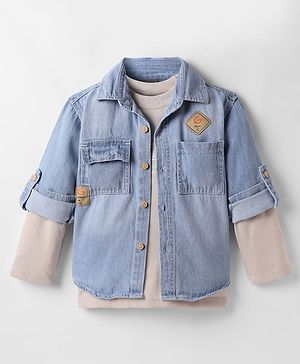 Little Kangaroos Denim Woven Full Sleeves Solid Color Shirt with Inner Tee - Light Blue