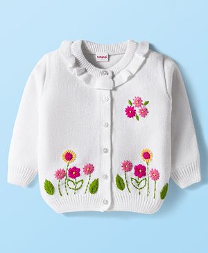 Babyhug Knit Full Sleeves Front Open Sweater with Floral Embroidery - White