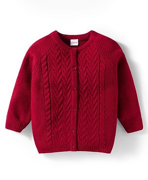Babyhug Knit Full Raglan Sleeves Front Open Sweater with Cable Knit Design - Red