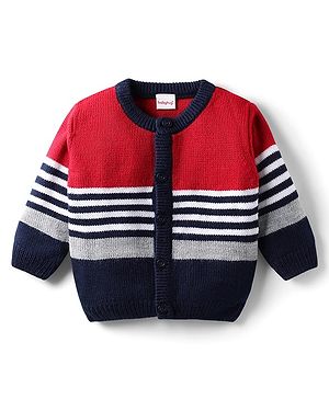 Babyhug Knit Full Sleeves Front Open Sweater With Stripes - Red