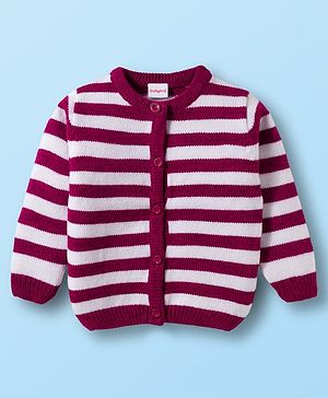 Babyhug Knitted Full Sleeves Striped Front Open Sweater - Wine & White