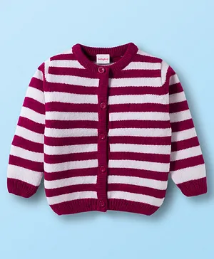 Babyhug Knitted Full Sleeves Striped Front Open Sweater - Wine & White