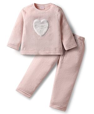 Babyhug Woven Full Sleeves Fur Winter Wear Top & Bottom Set With Heart Embroidery - Pink