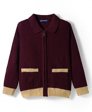 Pine Kids Knitted Full Sleeves Solid Front Open Sweater - Wine