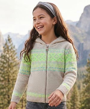 Pine Kids Knit Full Sleeves Front Open Hooded Sweatshirt with Aztec Design - Beige