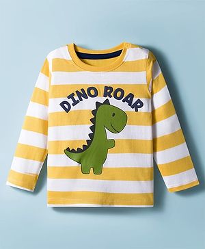 Babyhug 100% Cotton Knit Full Sleeves Striped T-Shirt With Dino Print - Yellow