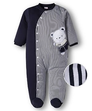 Babyhug Knit Full Sleeves Winter Wear Footed Quilted Romper With Bear Patch - Navy Blue