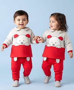 Babyhug Cotton Knit Full Sleeves T-Shirt & Lounge Pant Set With Animal Embriodery & Cap - Red & Grey