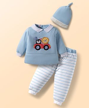 Babyhug Velour Knit Full Sleeves Winter Wear T-Shirt & Lounge Pant Set With Cap Stripes &  Car Print - Light Blue