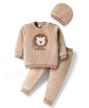 Babyhug Velour Knit Full Sleeves Extra Stretchable Winter Sweatshirt & Joggers Set With Cap & Lion Patch Embroidery - Tan