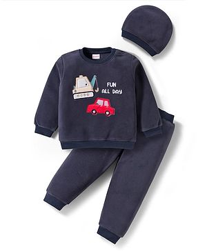 Babyhug Velour Knit Full Sleeves Extra Stretchable Winter Sweatshirt & Joggers Set With Cap & Vehicle Patch - Navy Blue