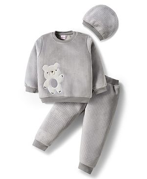 Babyhug Velour Knit Full Sleeves Extra Stretchable Winter Sweatshirt & Joggers Set With Cap & Bear Patch Embroidery - Grey