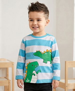 Babyhug 100% Cotton Knit Full Sleeves Striped T-Shirt with Dino Graphic - White & Light Blue
