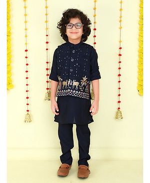 Ministitch Cotton Silk Woven Full Sleeves Solid Kurta & Pant With Animals Foil Printed Jacket Set - Navy Blue