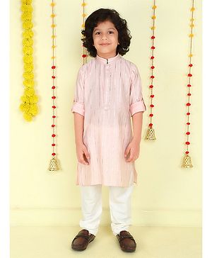 Ministitch Cotton Woven Full Sleeves Foil Striped Kurta Pyjama Set - Peach