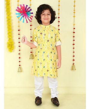 Ministitch Cotton Woven Full Sleeves Bandhani Printed Kurta Pyjama Set - Yellow