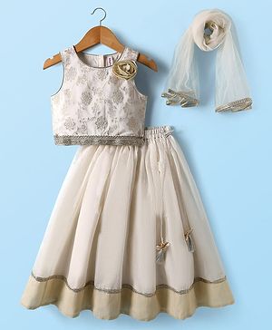 Babyhug South Cotton Woven Sleeveless Floral Embroidered Choli & Lehenga Set With Dupatta - Off White