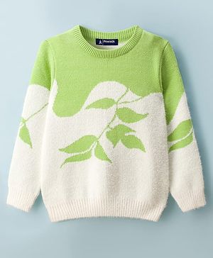 Pine Kids Knit Full Sleeves Pullover Sweater with Tropical Theme Print - Light Green & White