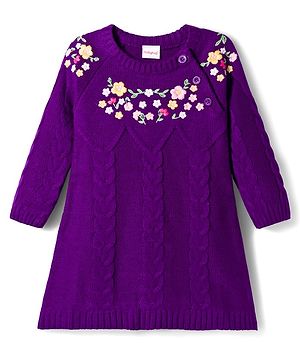 Babyhug Knitted Full Raglan Sleeves Woollen Dress With Floral Embroidery - Purple