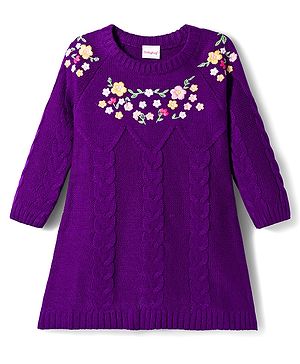 Babyhug Knitted Full Raglan Sleeves Woollen Dress With Floral Embroidery - Purple