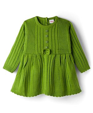 Babyhug Knitted Full Sleeves Solid Woollen Dress With Bow Applique - Green