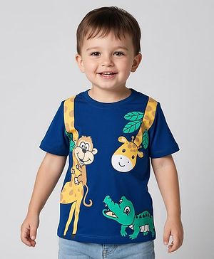 Babyhug 100 % Cotton Knit Half Sleeves T-Shirt with Giraffe & Crocodile Print - Navy Blue