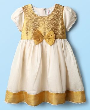 Babyhug South Cotton Woven Cap Sleeves Ethnic Dress With Foil Print & Bow Applique - Off White