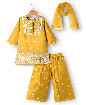 Babyhug Chanderi Woven Three Fourth Sleeves Floral Embroidered Kurti Palazzo Set with Dupatta - Yellow