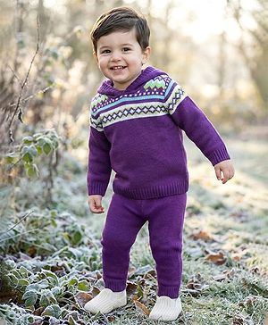 Babyhug Knitted Full Sleeves Hooded Sweater Set With Geometric Design - Purple