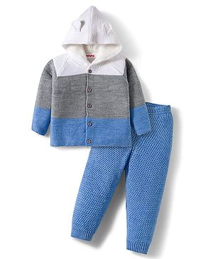 Babyhug Knitted Full Raglan Sleeves Hooded Sweater Set With Color Block Design - Multicolor