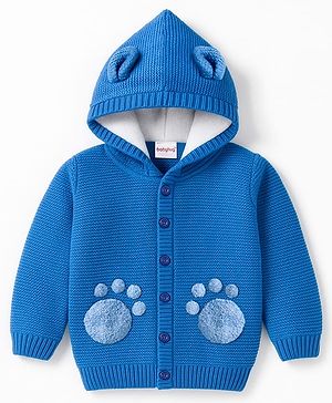 Babyhug Knit Full Sleeves Front Open Hooded Sweater Set with Paw Design - Blue