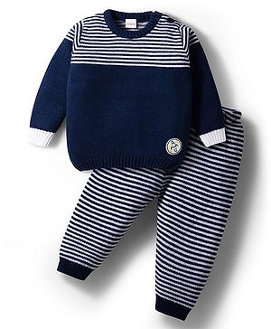 Babyhug Knit Full Sleeves Striped Sweater Set - Navy Blue