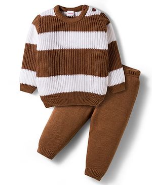 Babyhug Knit Full Sleeves Sweater Set With Stripes - Brown