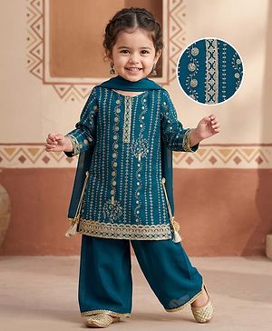 Babyhug Georgette Woven Three Fourth Sleeves Kurti Salwar with Dupatta Embroidery & Sequin Detailing - Navy Blue